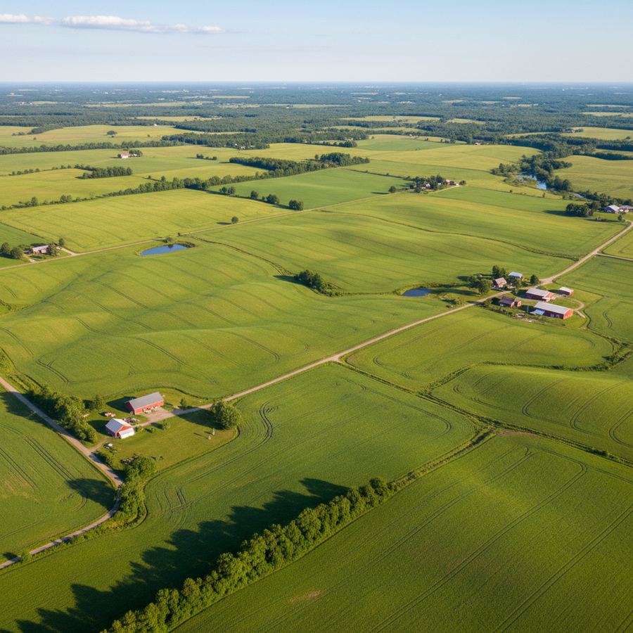 Aerial view of Clearview Township farmland and rolling countryside in Simcoe County