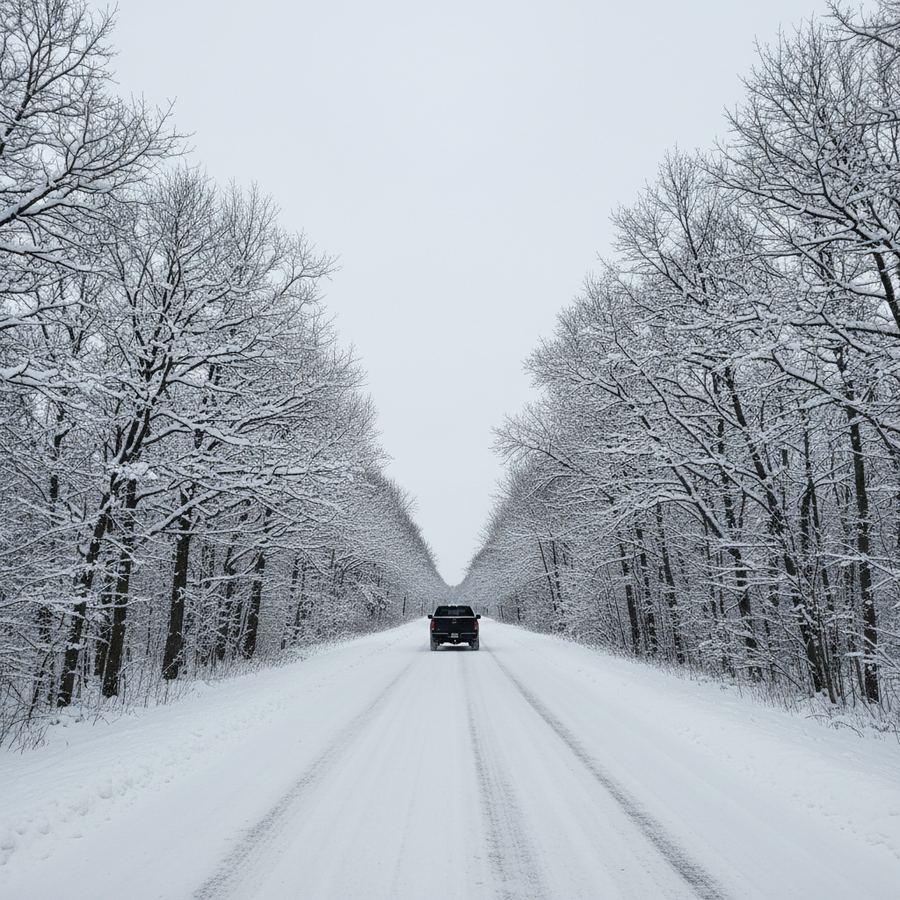 Snow-covered rural road in Clearview Township during winter