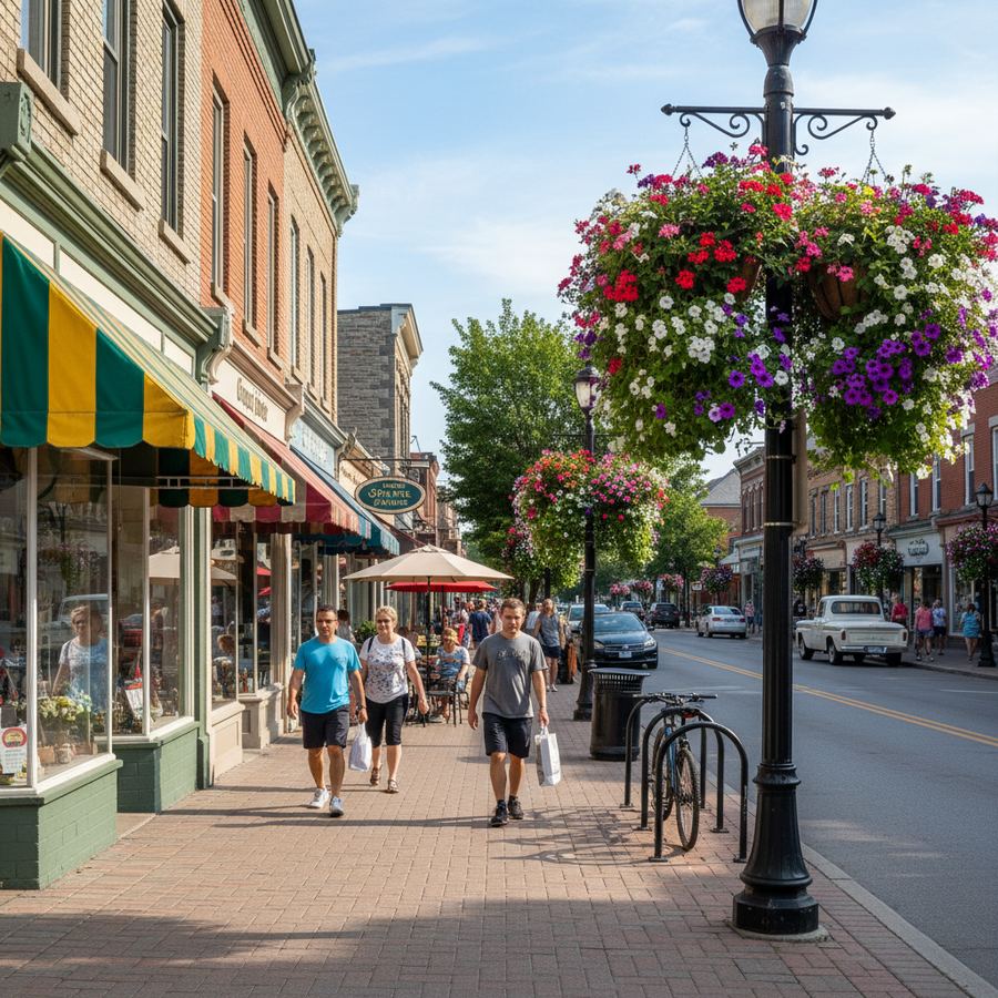Stayner main street in summer with flower baskets