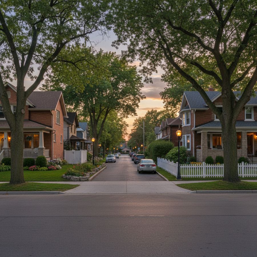 Quiet residential street in Stayner, Ontario with mature trees and older homes